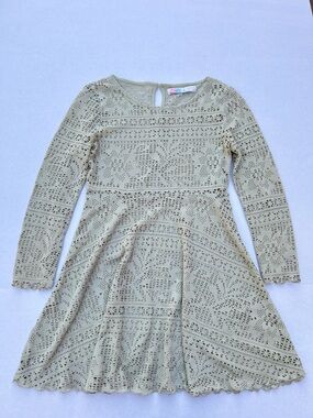 FP Beach Women’s Sage Green Crochet Lace Long Sleeve Fit & Flare Mini Dress XS